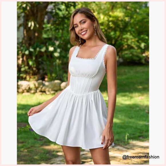 Summer Floral Corset Mini Dress Square Neck Lace A-Line Party - Picture 4 of 6